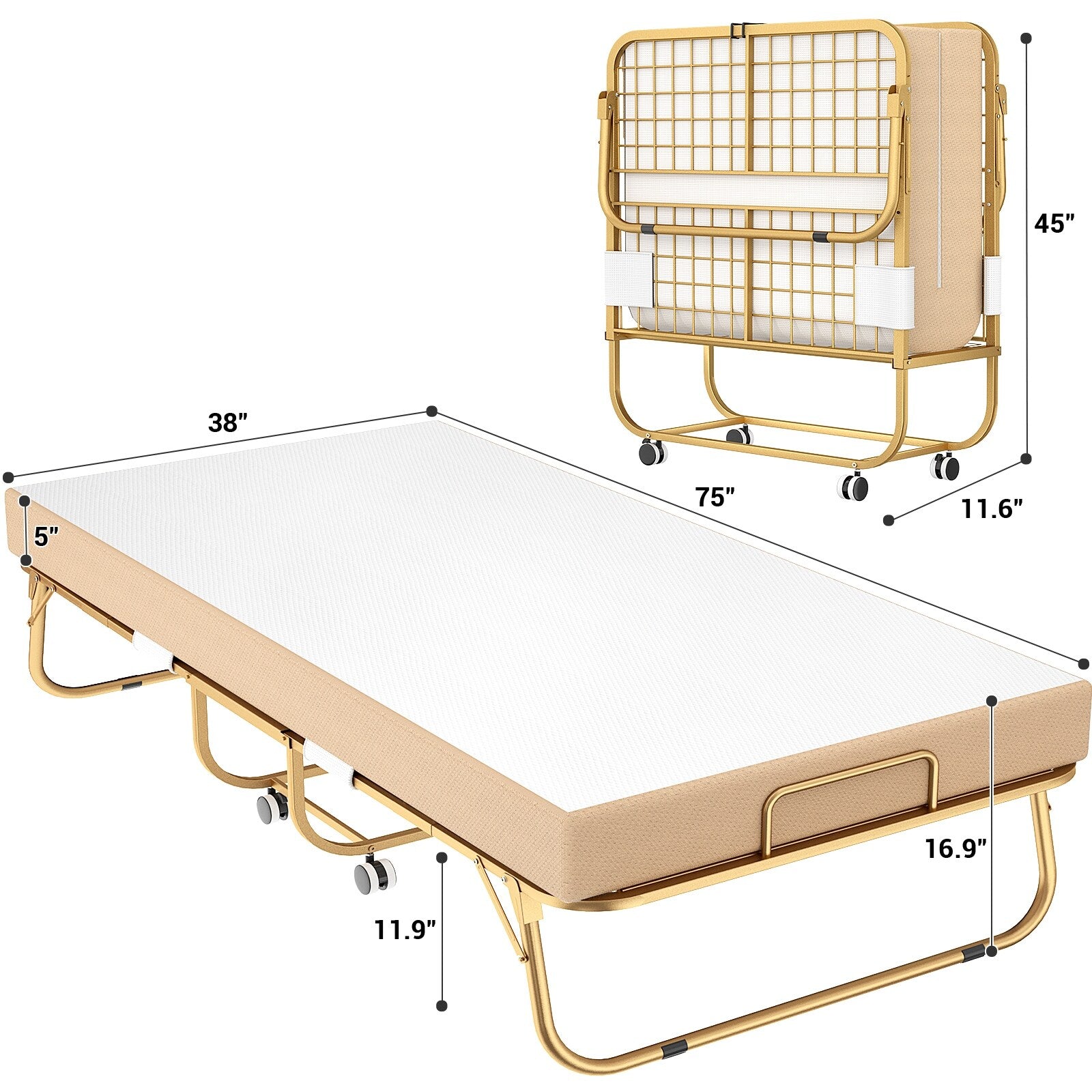 38'' Folding Bed with Mattress, Portable Foldable Bed with Storage Cover