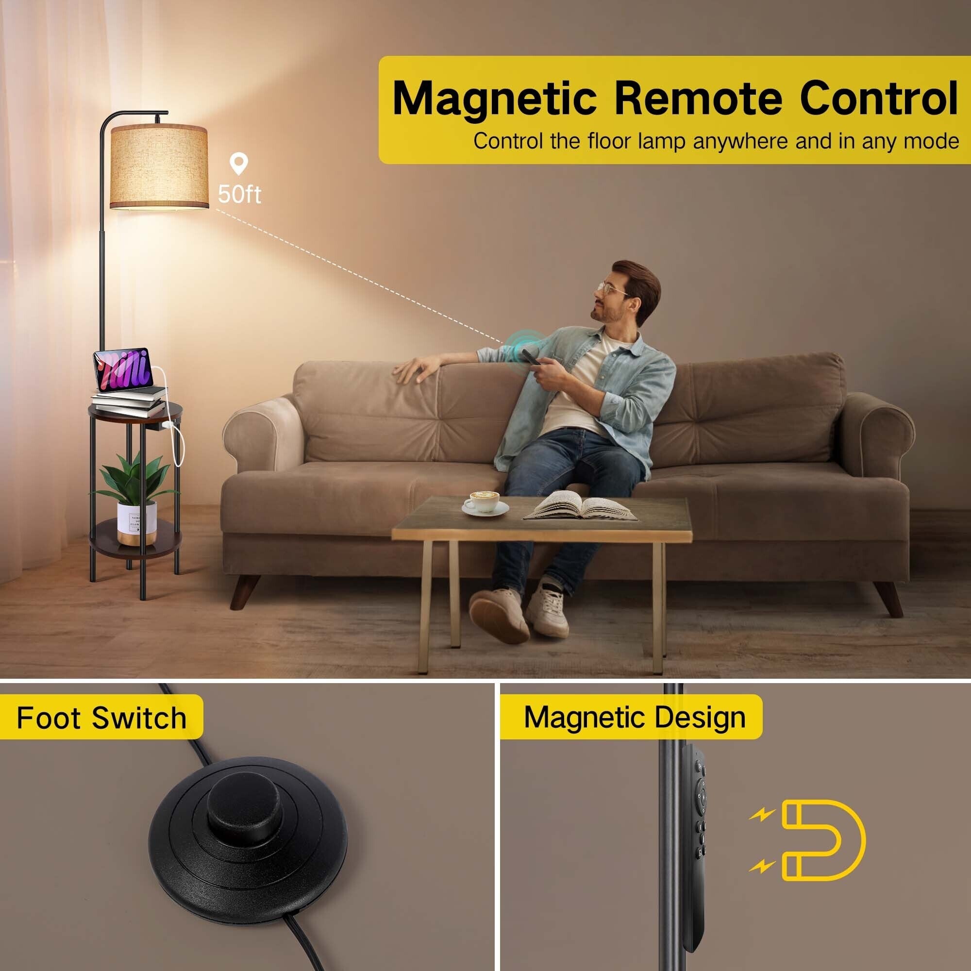 62'' Black Tray Table Floor Lamp with USB and Outlet