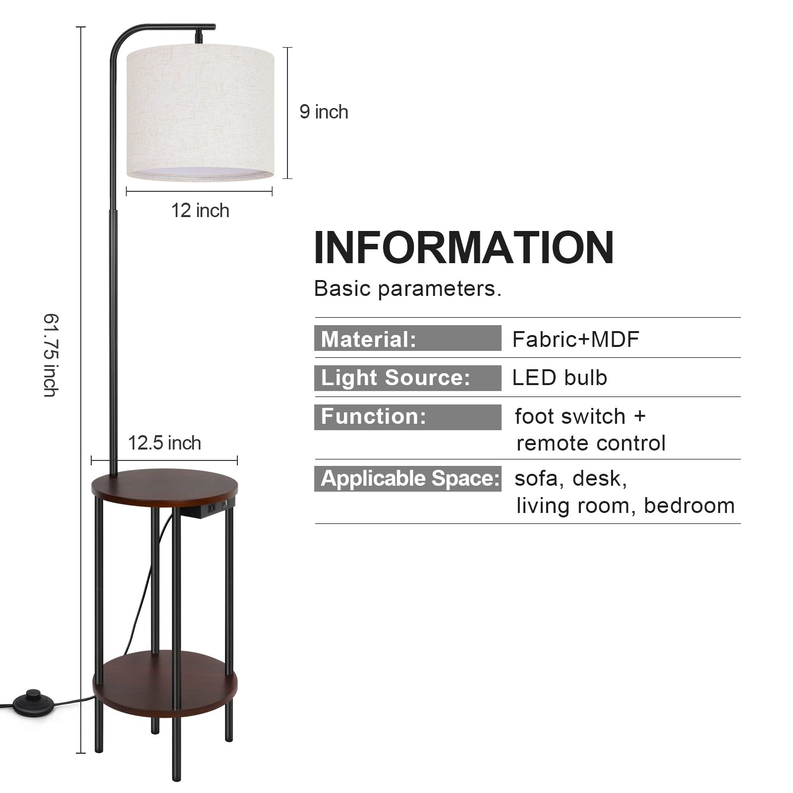 62'' Black Tray Table Floor Lamp with USB and Outlet