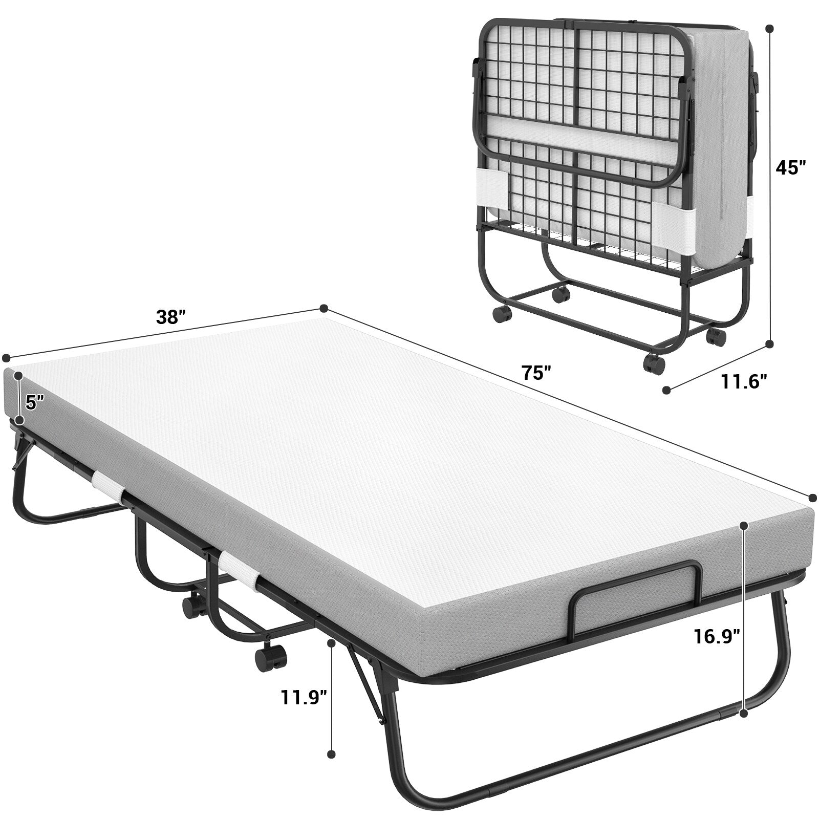 38'' Folding Bed with Mattress, Portable Foldable Bed with Storage Cover